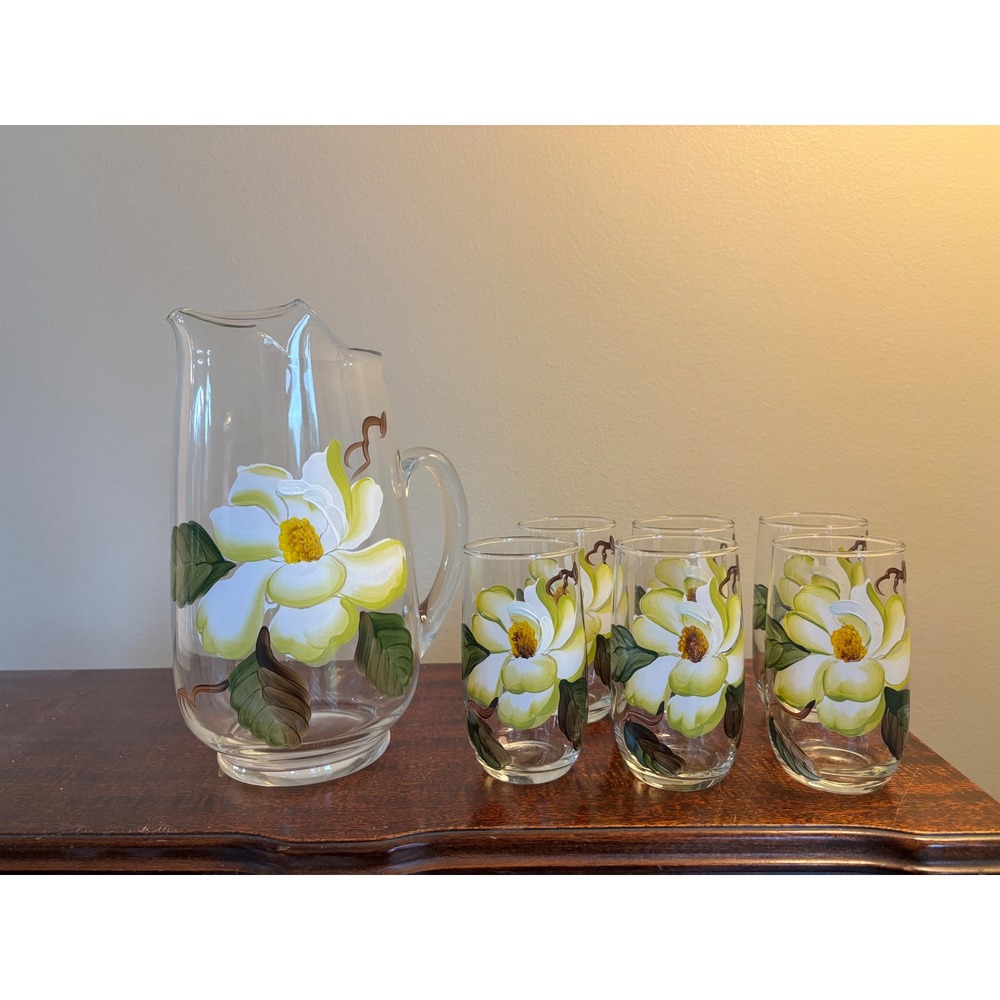 Vintage MCM Bartlett Collins pitcher & glasses set magnolia hand-painted - Picture 2 of 14